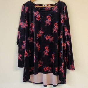 Caffe Marrakesh Women 2X Black Red Velvet Floral Print Tunic Top Classic Chic